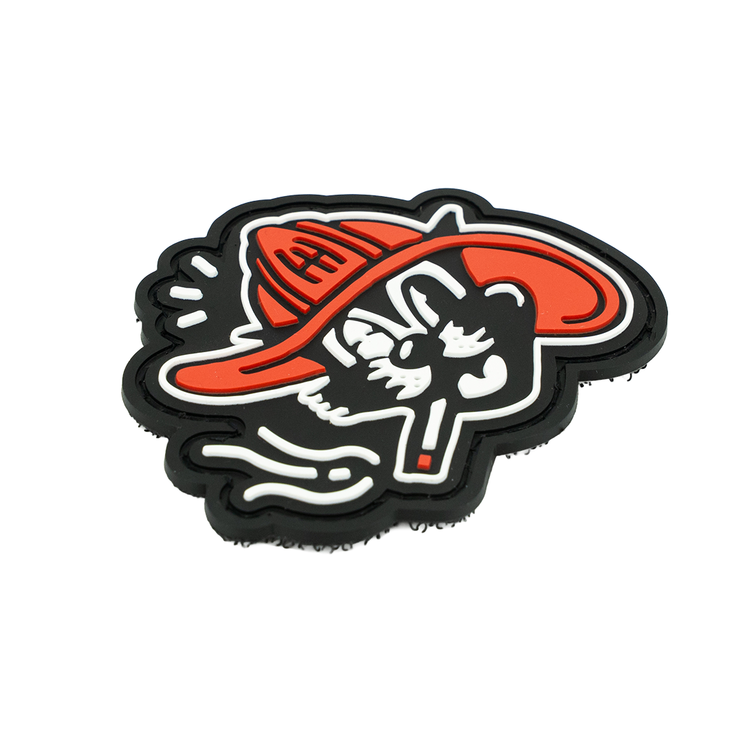 Smokin cat with a red helmet and white design on a black border