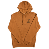 Brown hoodie with a logo on a white background