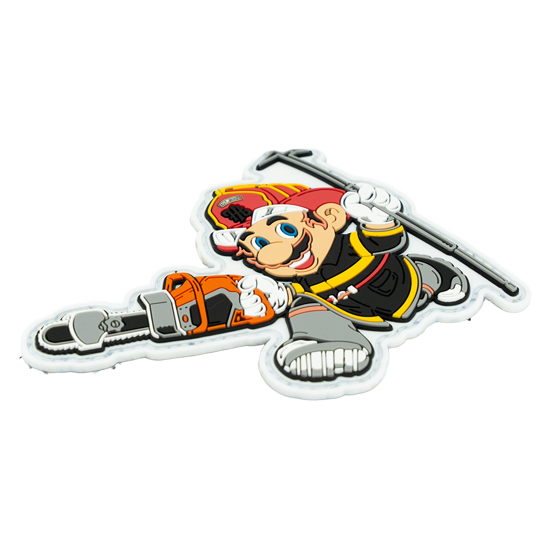 Cartoon character with a chainsaw on a white background