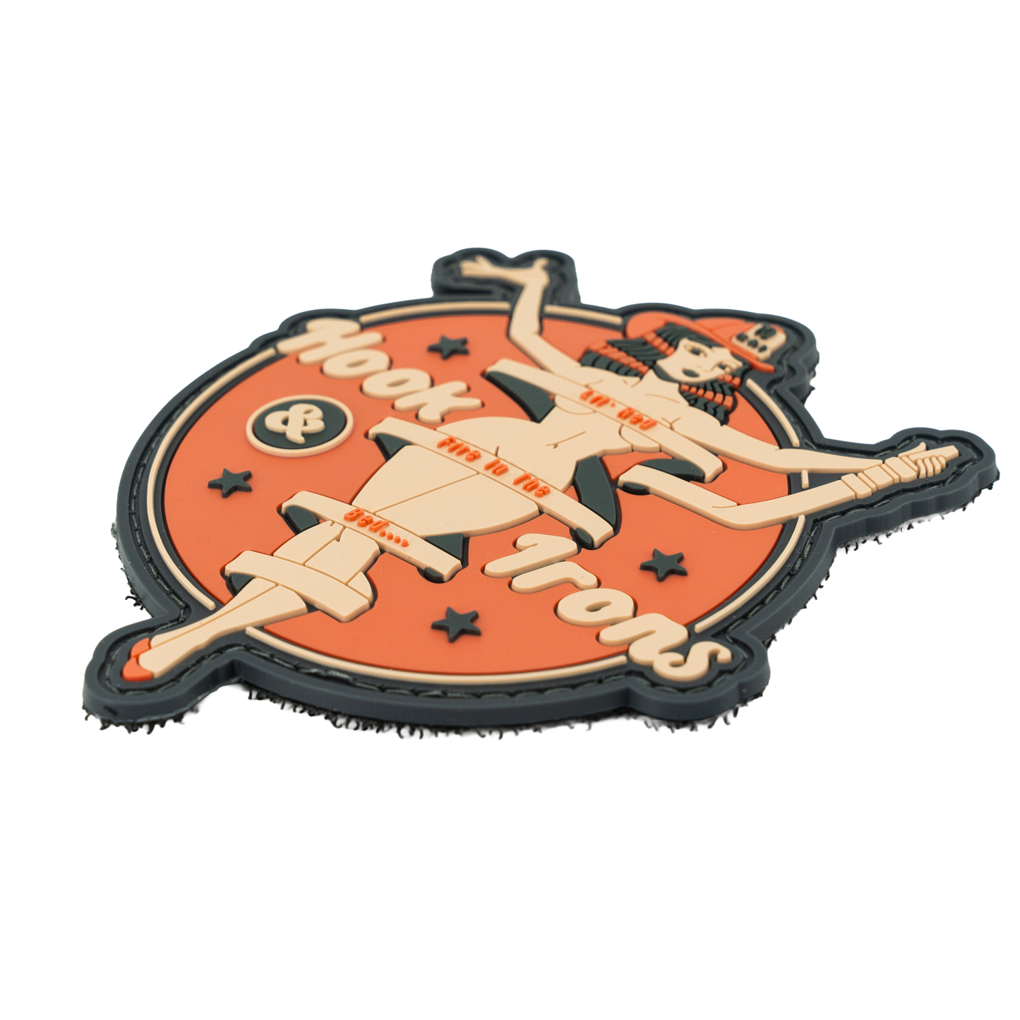 Decorative patch with a stylized design of a woman and text on an orange background