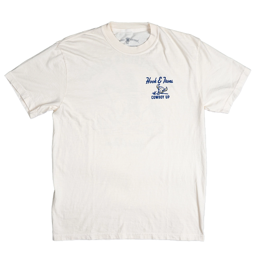 White t-shirt with blue graphic and text on a white background