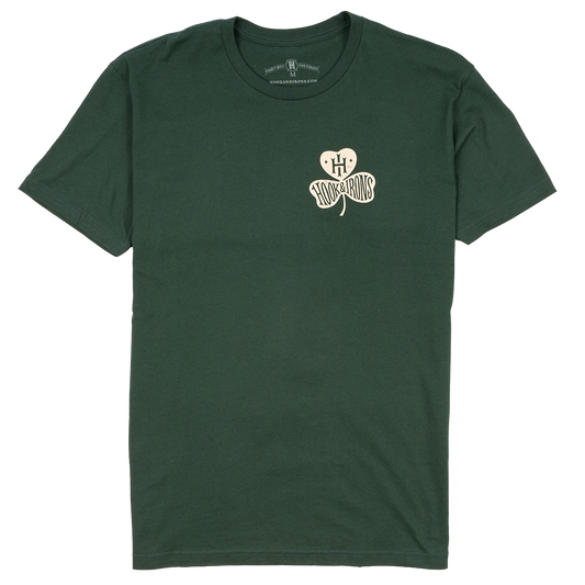 Green t-shirt with a shamrock logo on a white background