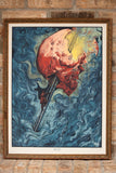 Art print 'Invictus' shows a firefighter climbing a ladder out of a flaming skull, against a background of blue waves, symbolizing the chaotic nature of fire. This vivid red, blue, and yellow piece highlights bravery and heroism.