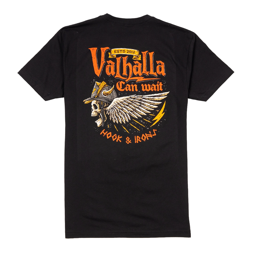 Black t-shirt with 'VÖthälla' graphic design on a white background