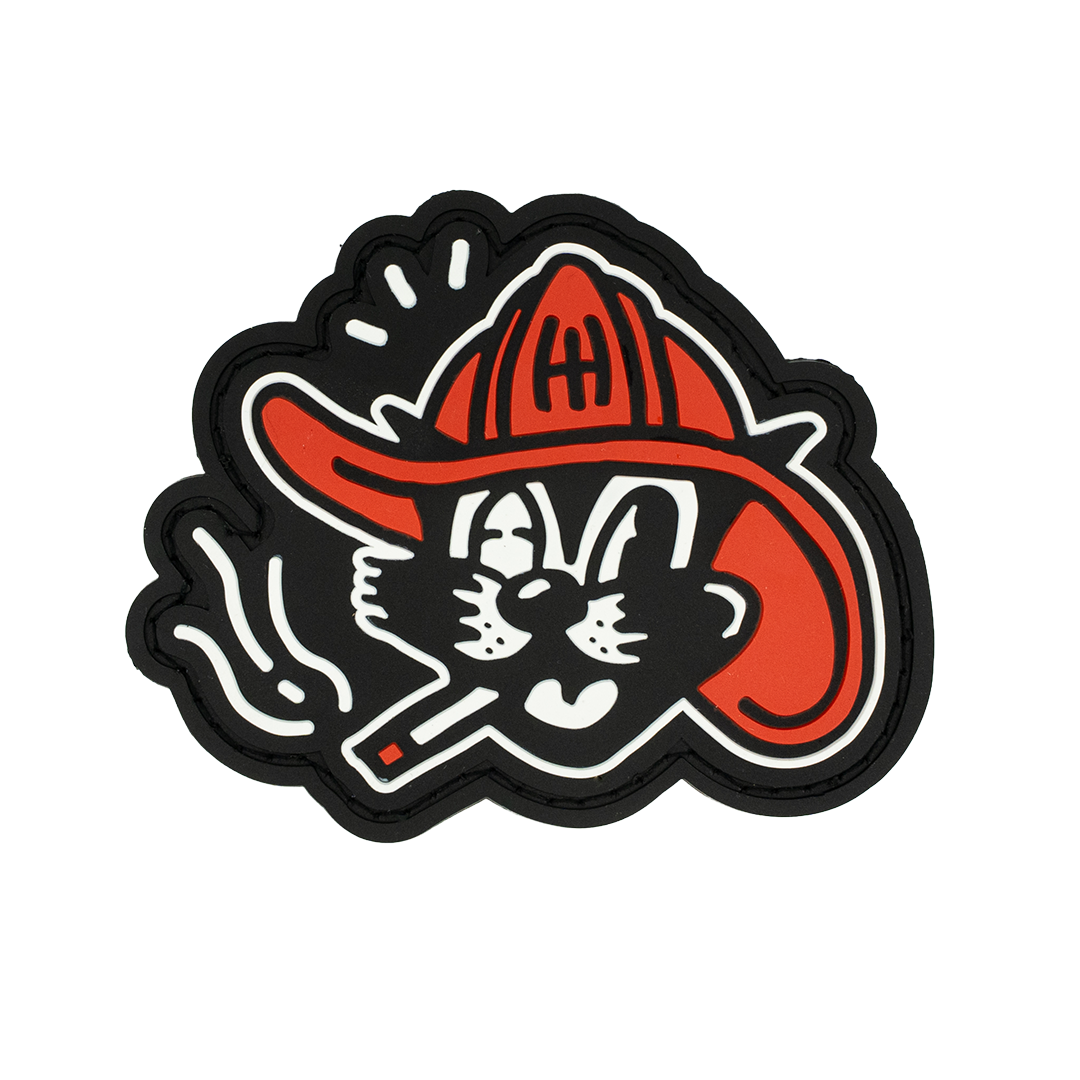 Logo with a fire helmet, crossed axes, and a skull on a white background