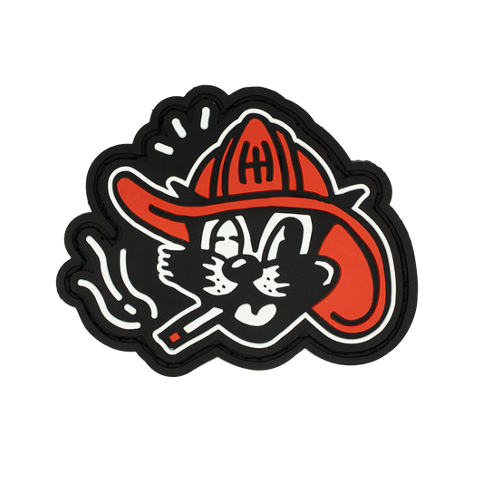 Logo with a fire helmet, crossed axes, and a skull on a white background