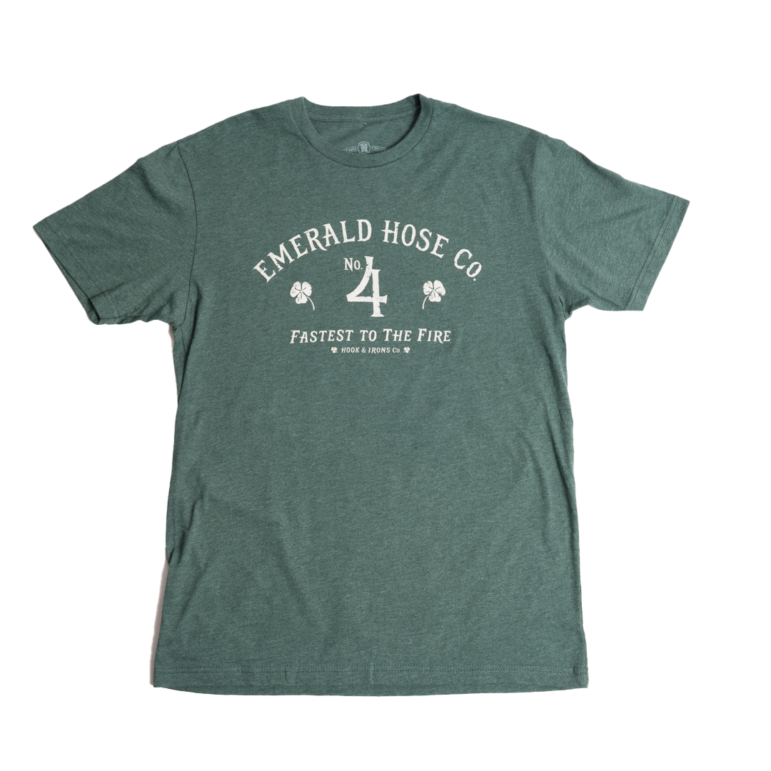 Green t-shirt with white text and graphics on a white background