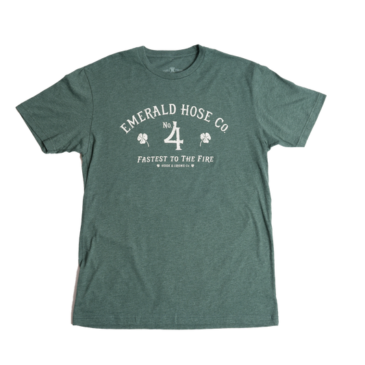 Green t-shirt with white text and graphics on a white background