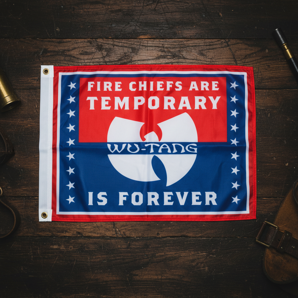 Flag with text 'Fire chiefs are temporary, Wu-Tang is forever' on a wooden surface