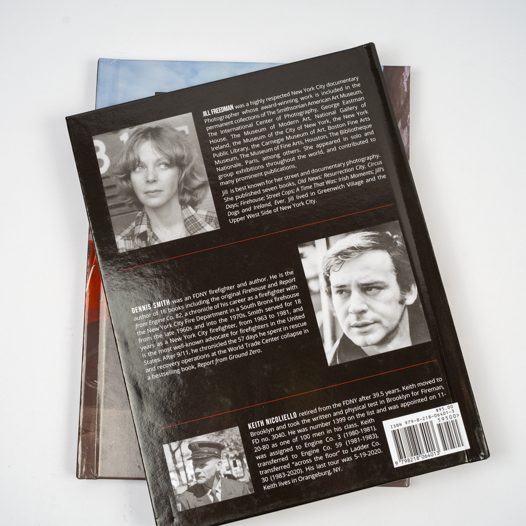 Back cover of a book with text and images of people on a white background