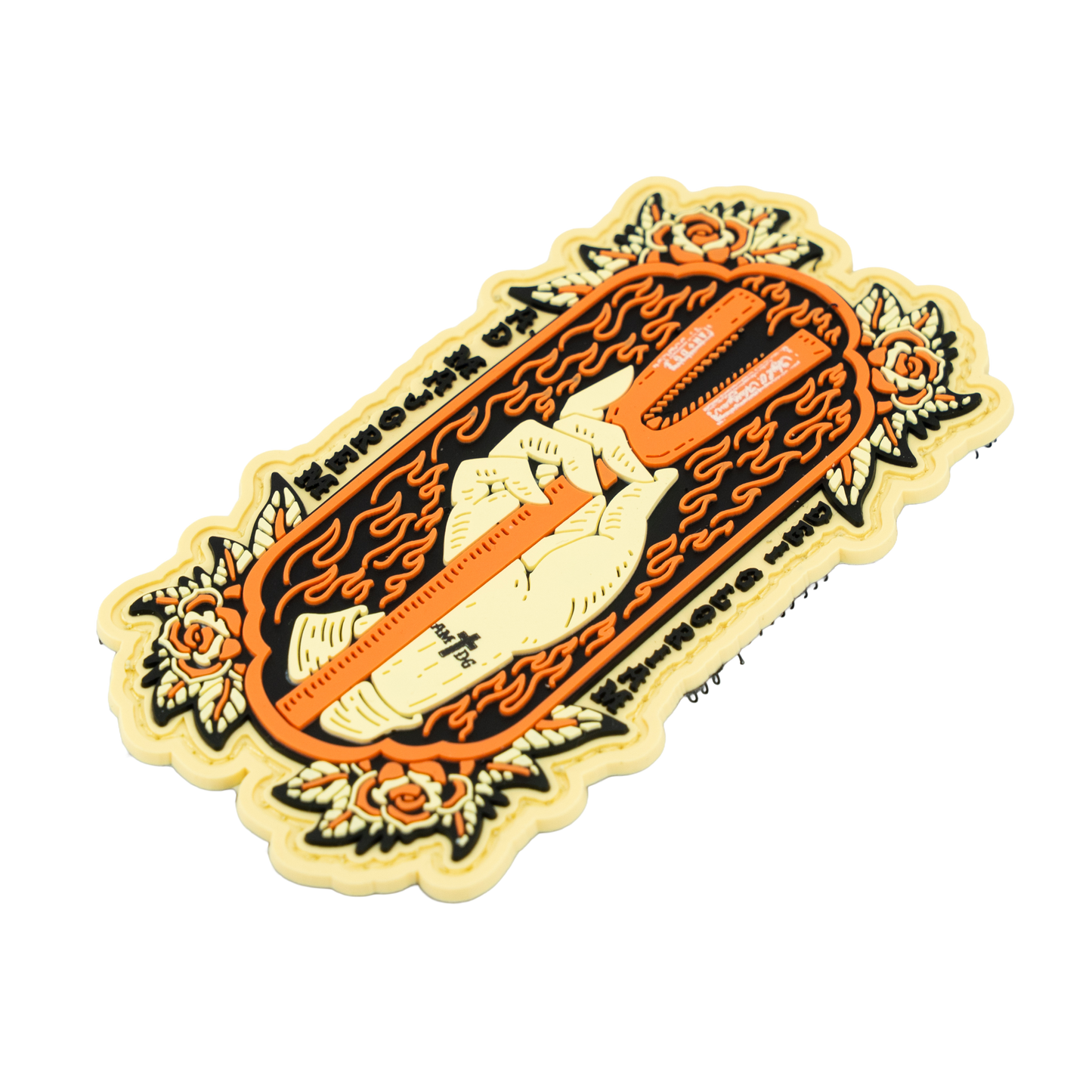 Decorative Halligan with floral patterns and orange accents on a white background