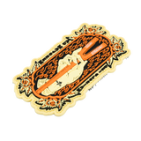 Decorative Halligan with floral patterns and orange accents on a white background