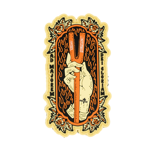 Decorative PVC Patch with a hand holding a halligan and flames, surrounded by floral elements on a white background.