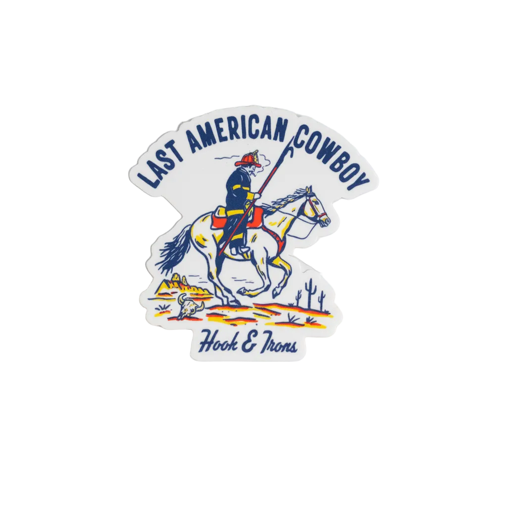 Sticker of a cowboy on a horse with 'Last American Cowboy' text on a white background