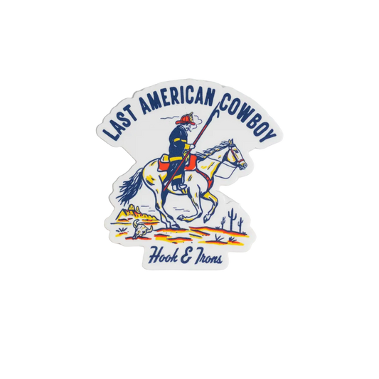 Sticker of a cowboy on a horse with 'Last American Cowboy' text on a white background