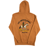 Brown hoodie with a graphic of a cowboy on the back on a white background