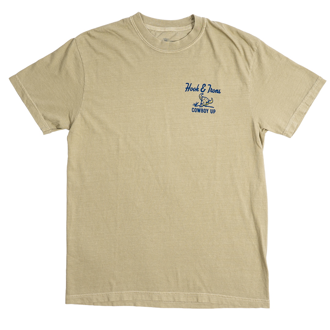 Khaki t-shirt with a logo on the chest against a white background