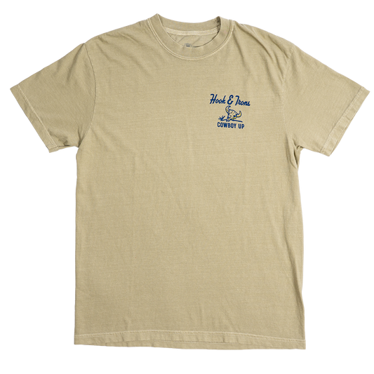 Khaki t-shirt with a logo on the chest against a white background