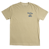 Khaki t-shirt with a logo on the chest against a white background