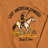 Brown sweatshirt with 'Last American Cowboy' graphic and 'Hook & Irons' text.