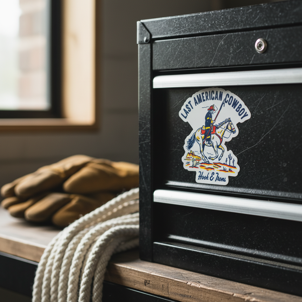 Black tool chest with 'Last American Cowboy' logo on a wooden surface with gloves and rope.