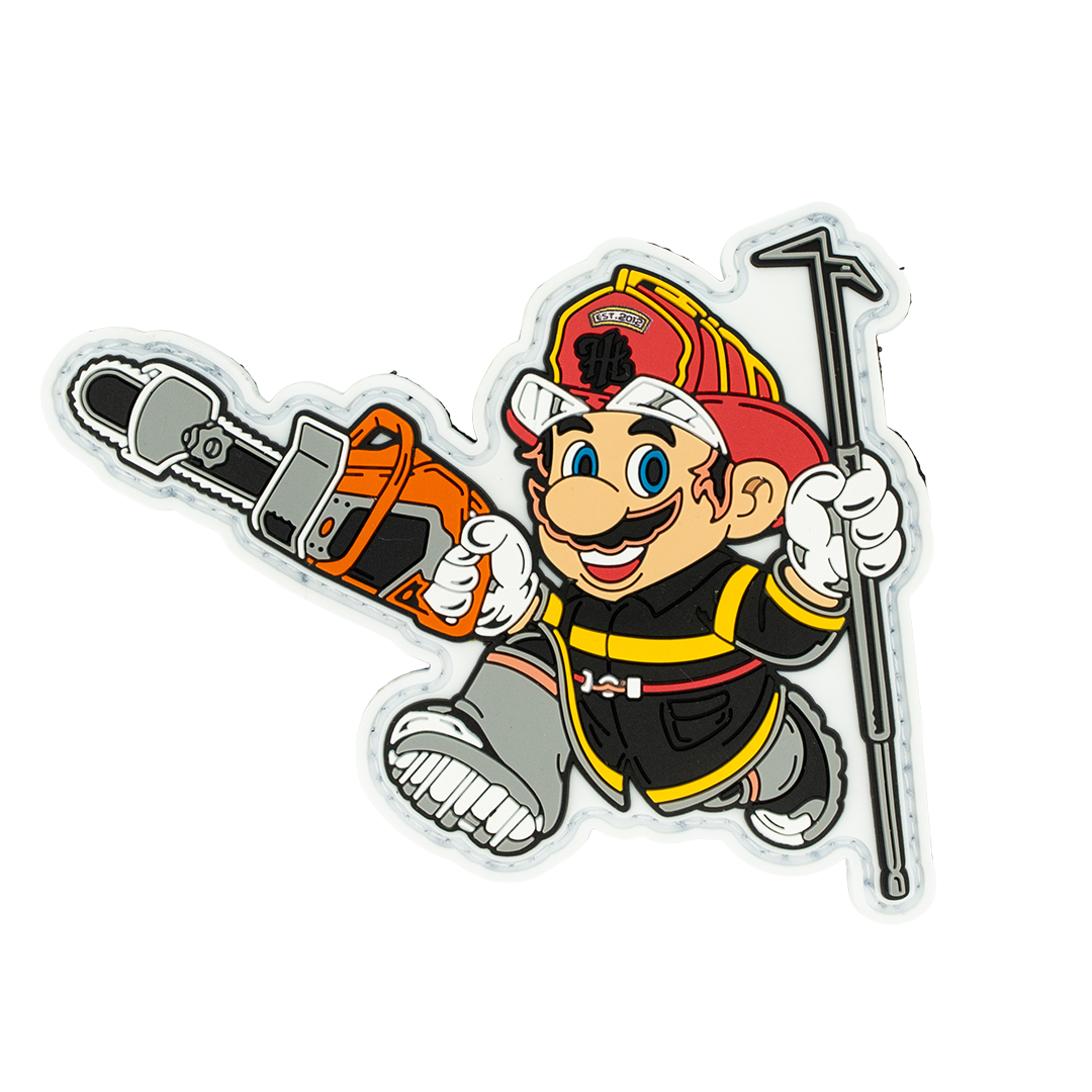 Cartoon character in a fireman's outfit holding a chainsaw and a fire extinguisher on a white background