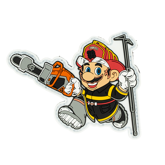 Cartoon character in a fireman's outfit holding a chainsaw and a fire extinguisher on a white background