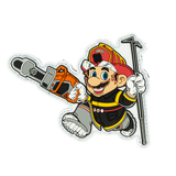 Cartoon character in a fireman's outfit holding a chainsaw and a fire extinguisher on a white background