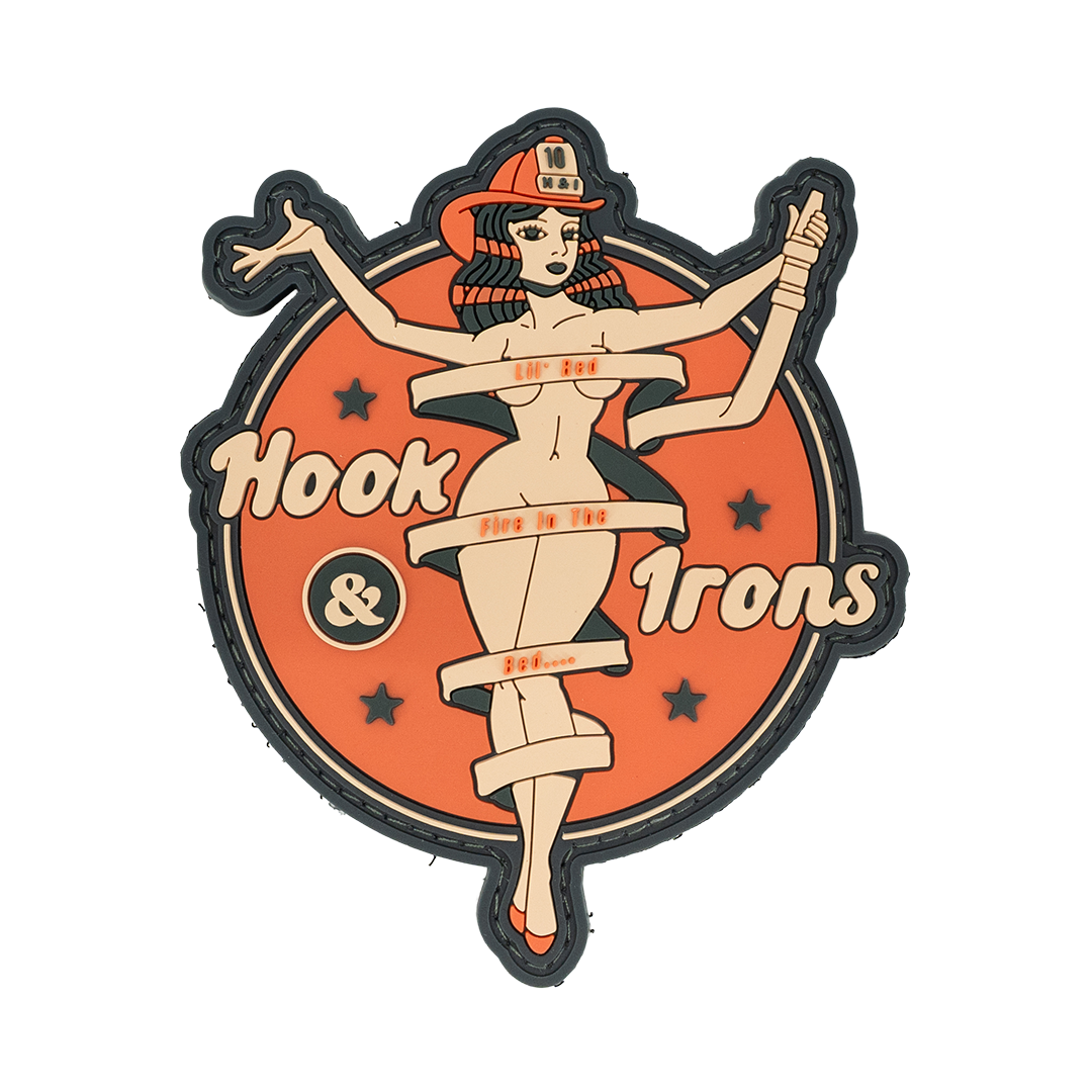 Decorative patch with a stylized woman and 'Hook & Irons' text on an orange background