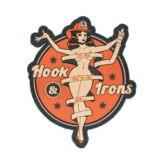 Decorative patch with a stylized woman and 'Hook & Irons' text on an orange background