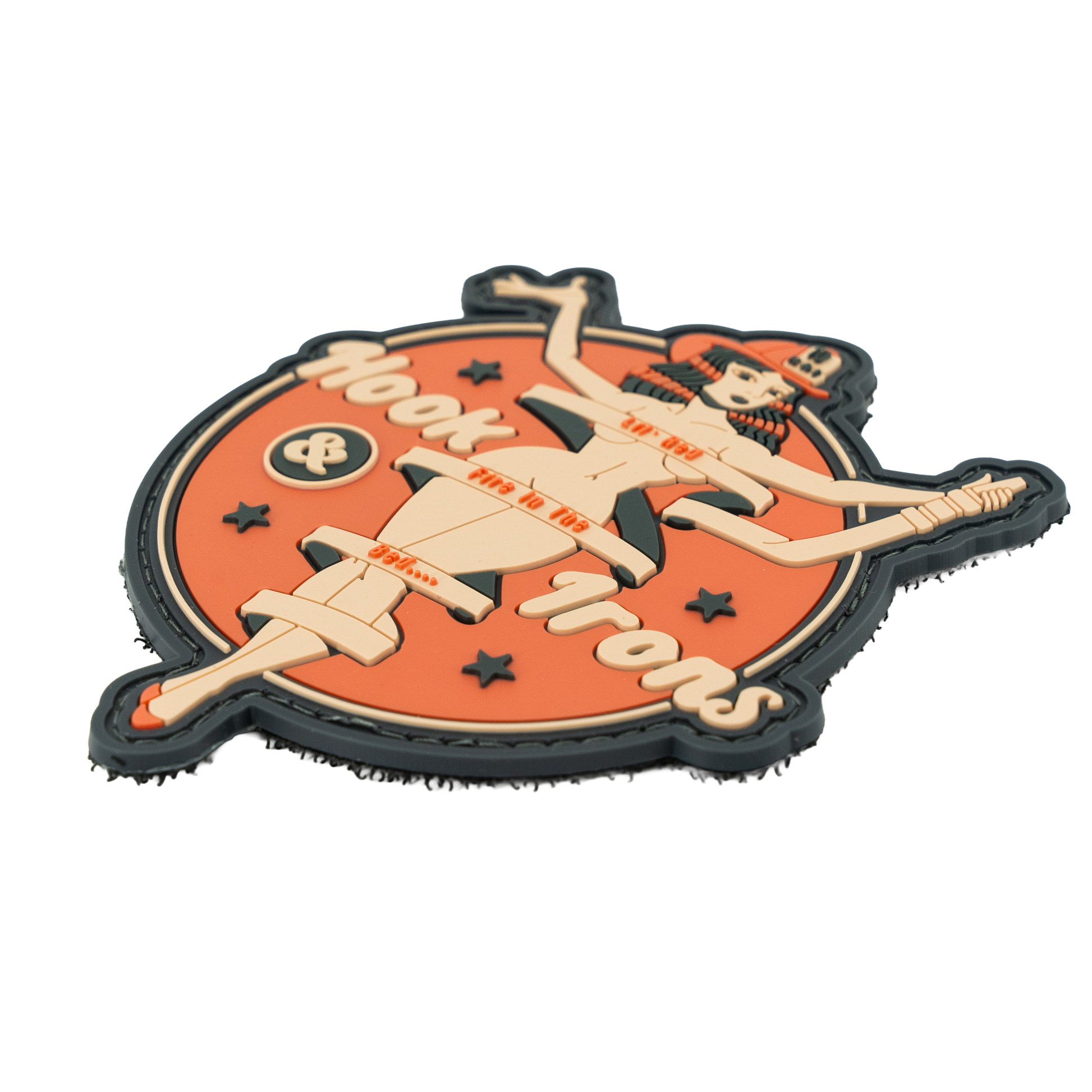 Decorative patch with a stylized design of a woman and text on an orange background