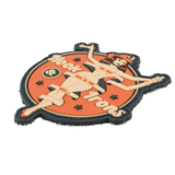 Decorative patch with a stylized design of a woman and text on an orange background