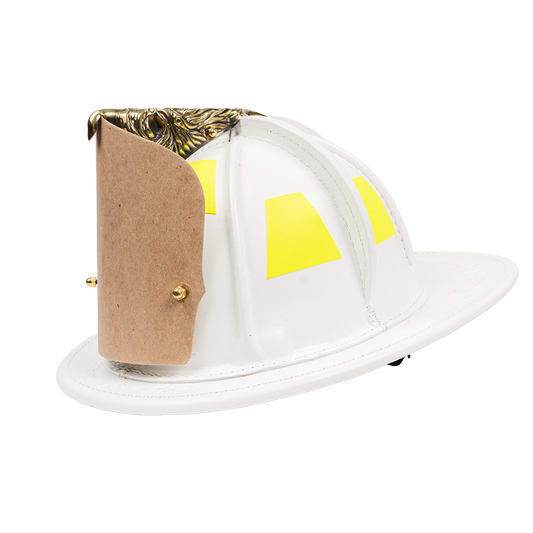 White fire helmet with yellow reflective stripes and a brown flap on a white background