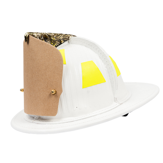 White fire helmet with a clear face shield, brown leather chin strap, and yellow accents on a white background.