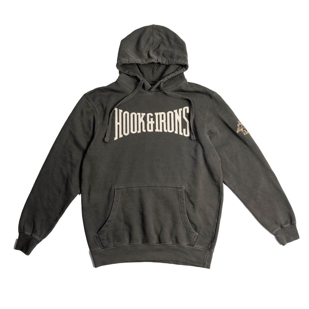 Gray hoodie with 'HOOK&IRON' branding on a white background