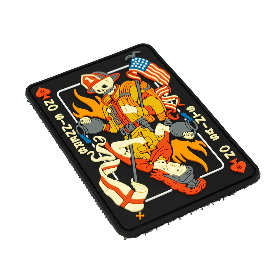 Decorative patch with a skeleton firefighter design on a black background