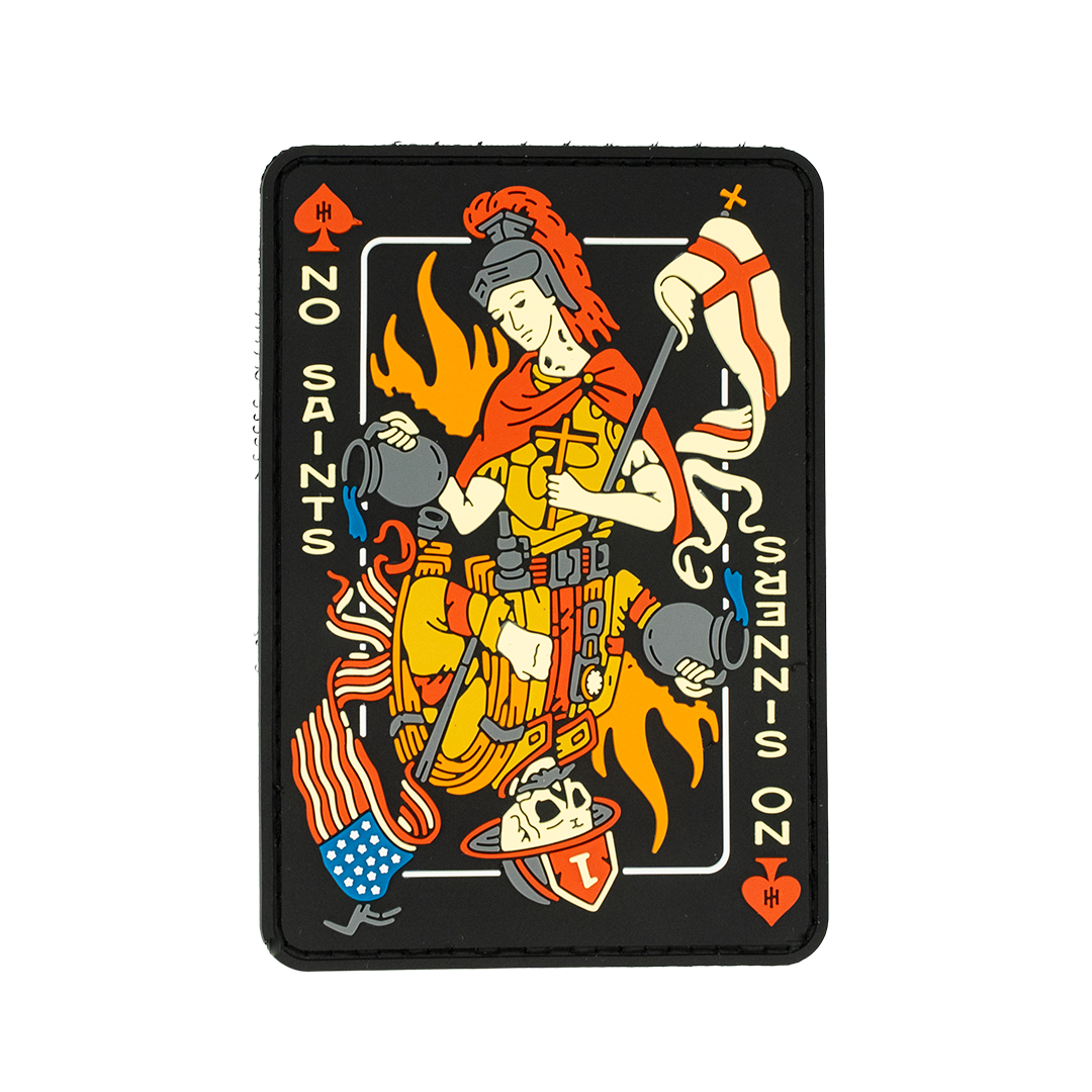 PVC Patch with a character holding a flag and a helmet, surrounded by text and symbols on a white background.