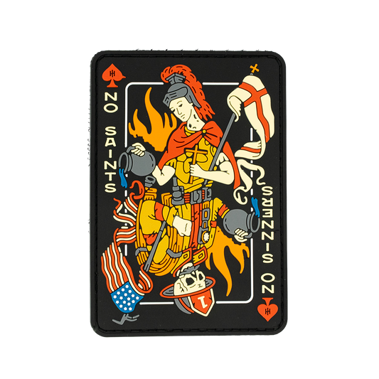 PVC Patch with a character holding a flag and a helmet, surrounded by text and symbols on a white background.