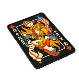 Decorative patch with a skeleton firefighter design on a black background