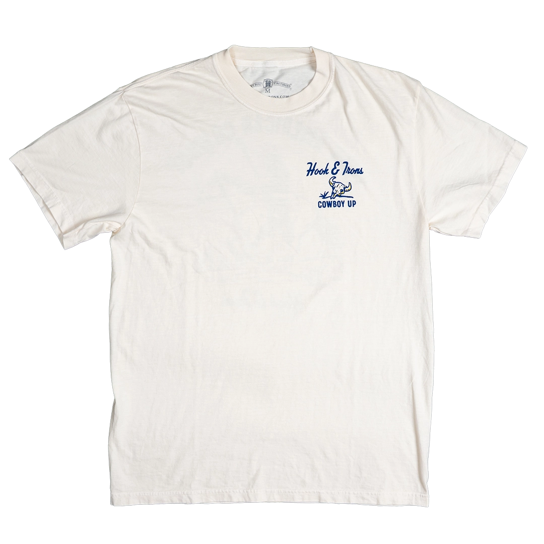 White t-shirt with blue graphic and text on a white background