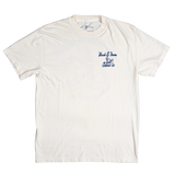 White t-shirt with blue graphic and text on a white background