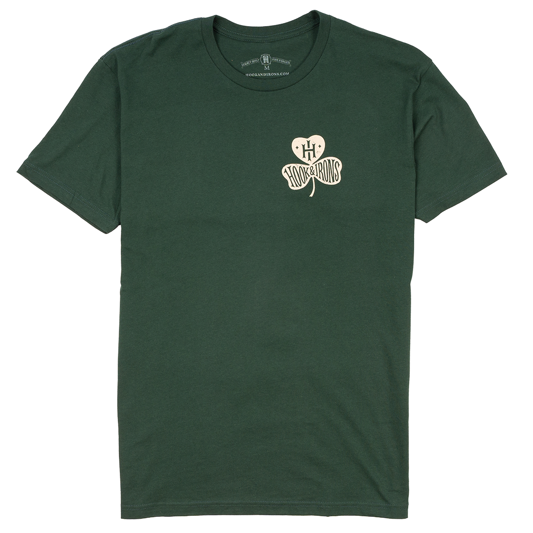 Green t-shirt with a shamrock logo on a white background