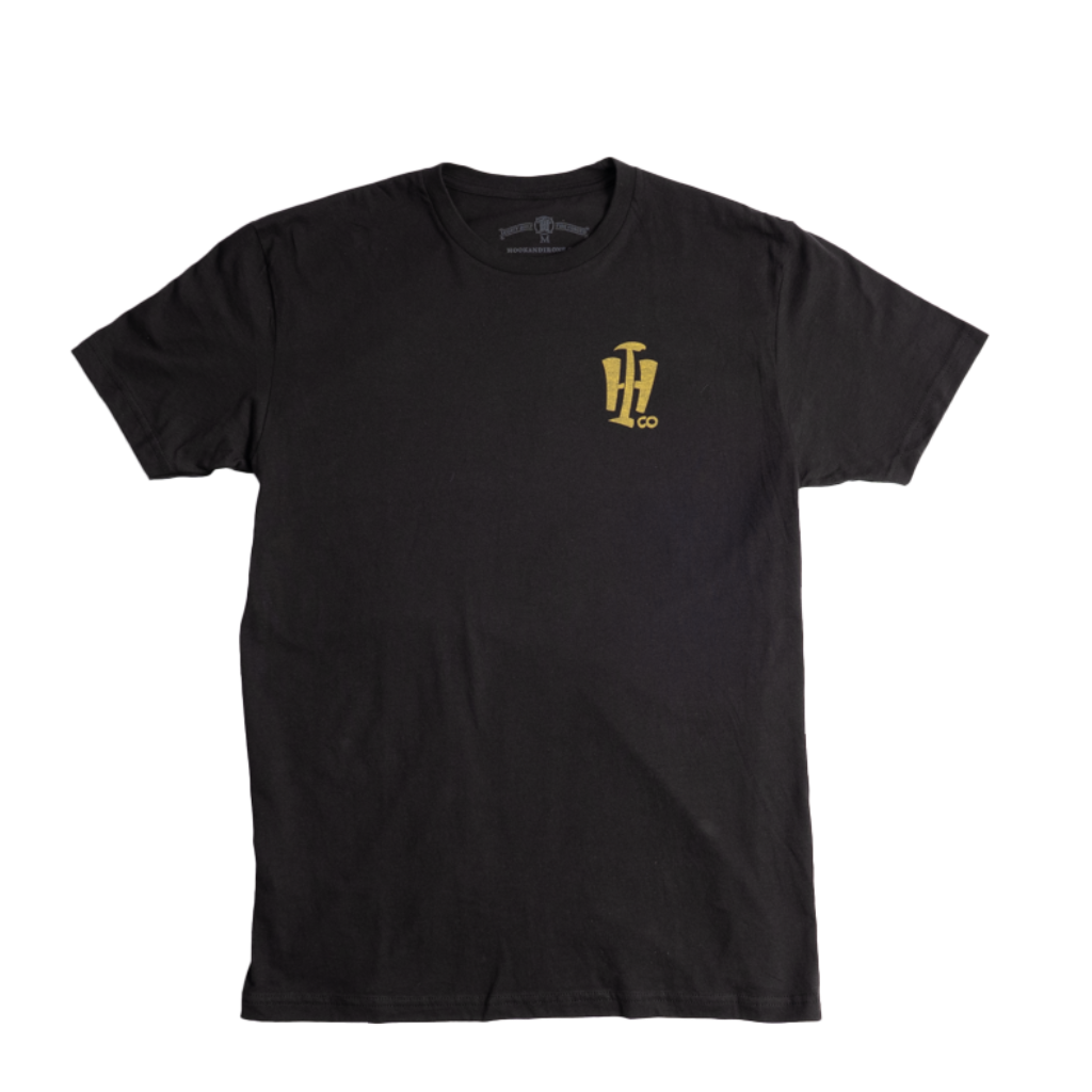 Black t-shirt with a yellow logo on a white background
